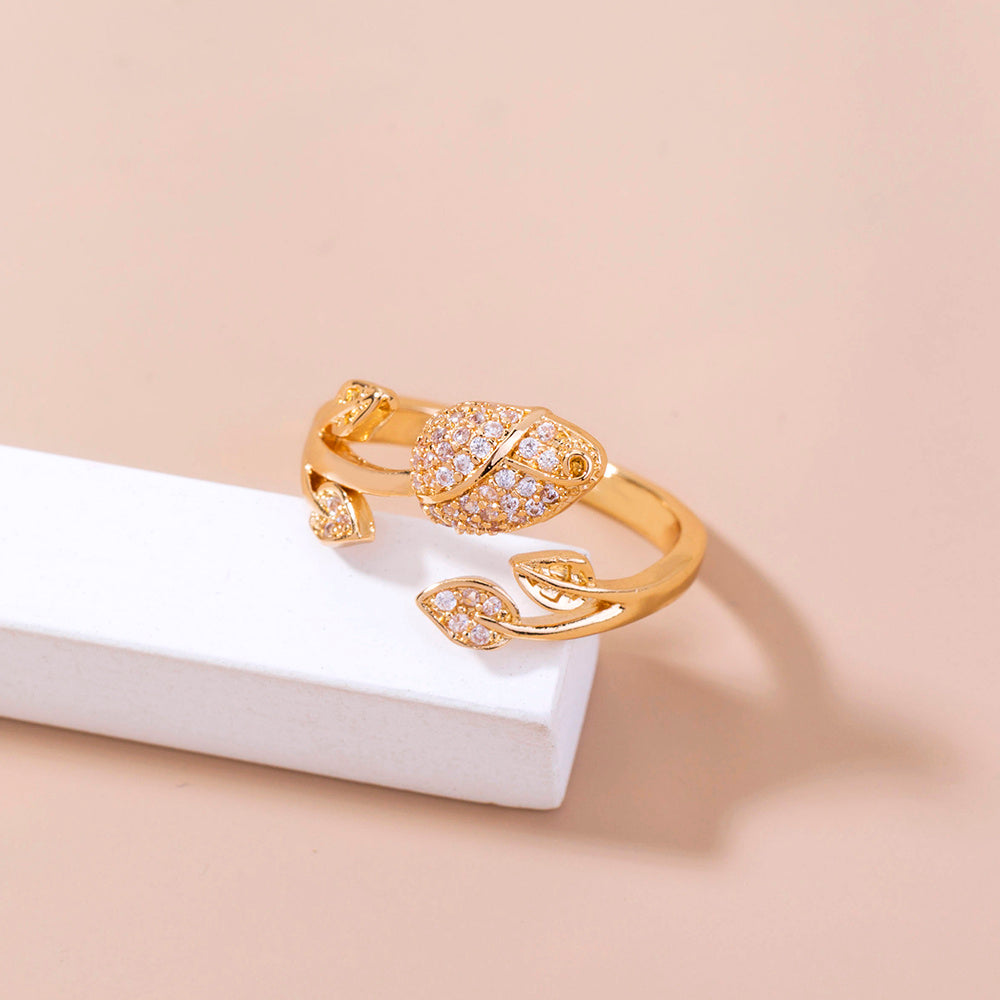 Womens Romantic Rose Ring With Zircon MicroInlaid Flower Design Adjustable Copper Electroplated Ring European