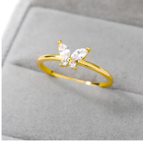 Womens Butterfly Ring Gold Plated Fashion Jewelry Gift For Birthday Copper Zircon Elegant Design Packed Modern