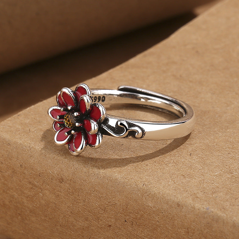 Adjustable Copper Ring With Open Design Vintage Flower Lotus Petal 11mm Bloom Width Fashionable Ring Fashion Accessory