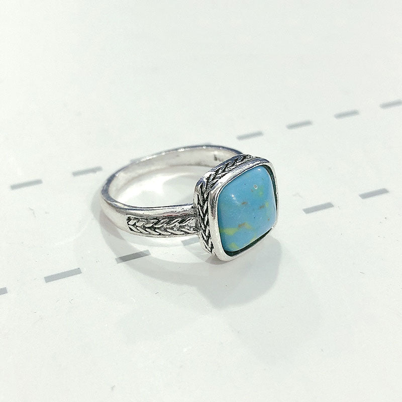 Womens Turquoise Inlaid Square Ring With Flower Design Alloy Geometric Fashion Jewelry Accessory For Women Now