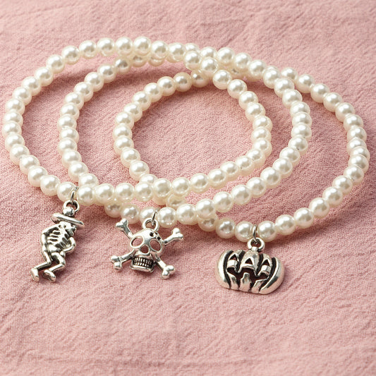 Womens Skull Bracelet Set Halloween Imitation Pearl Alloy Bracelet Fashion Design Women3PieceSet EuropeStyle
