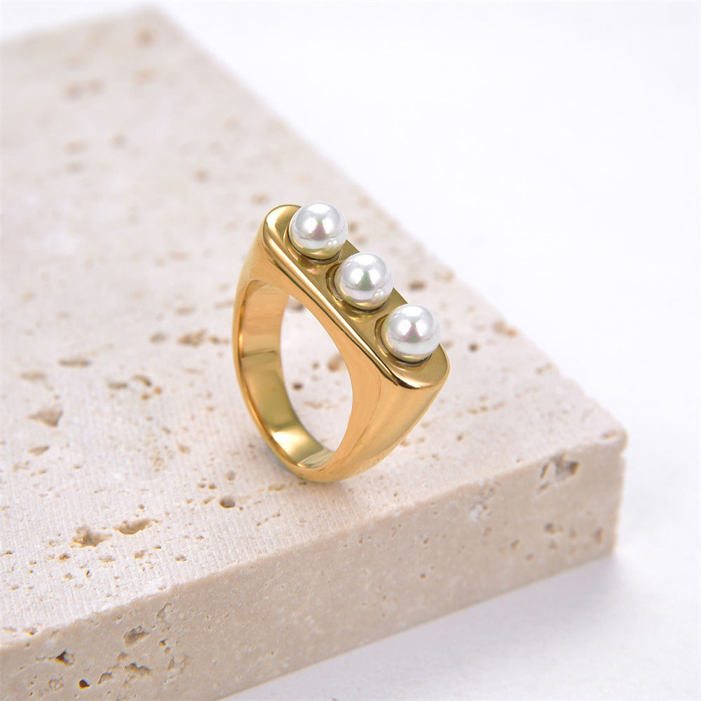 Womens Square Pearl Ring Vintage Gold Stainless Steel Geometric Statement Jewelry Gift For Her Fashion Jewelry