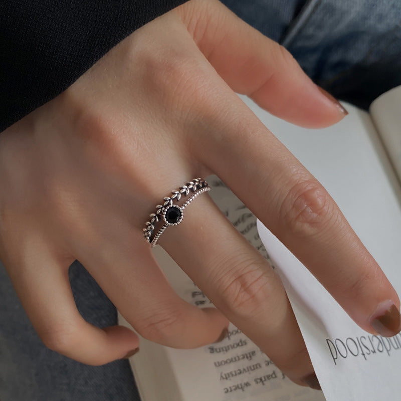 Adjustable Copper Ring With Wheat Design And Black Zircon