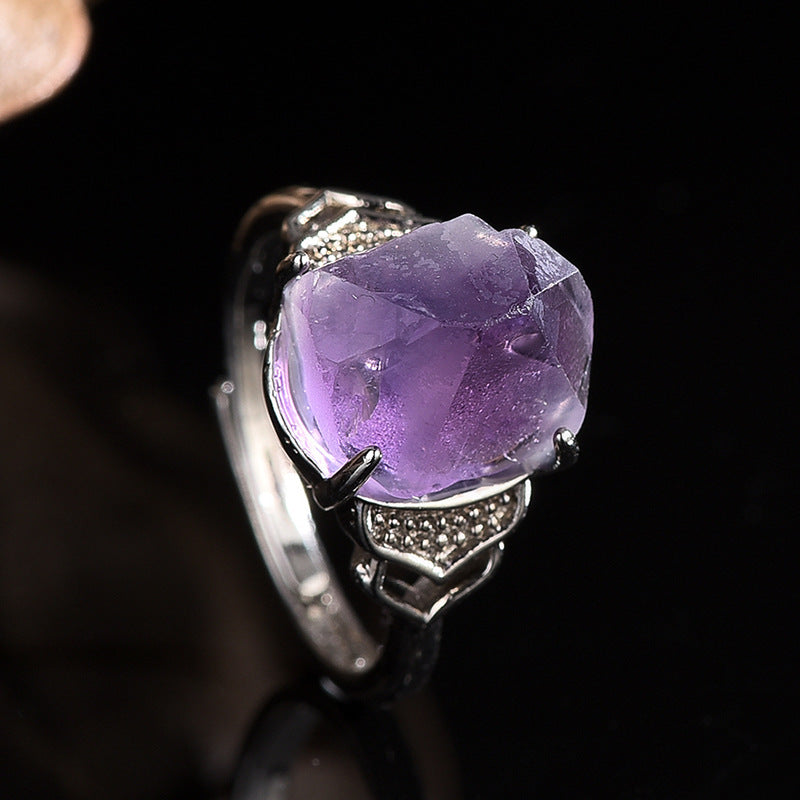 Amethyst Ring Adjustable White Copper Inlaid Crystal Geometric Design For Women Jewelry Elegant Crystal Detail