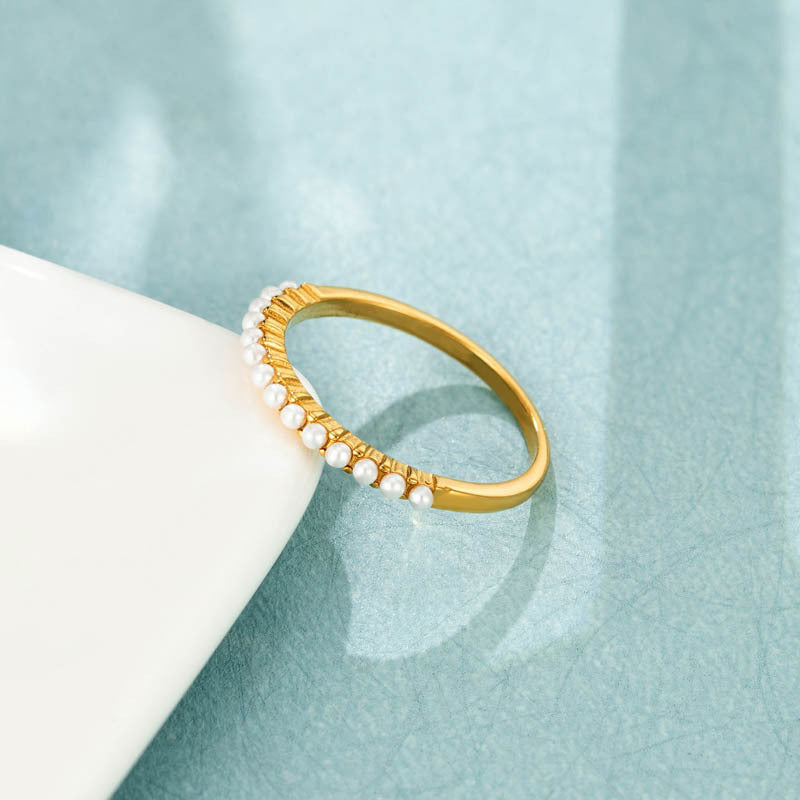 Womens Pearl Ring Gold Titanium Steel Band Ring For Women Simple Fashion Jewelry Engagement Wedding Ring Accessory