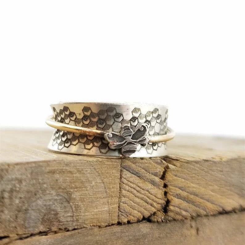 Womens Vintage Two Tone Honeycomb Ring Rotatable Alloy Statement Ring Unique Design Gift For Her Rotating Bees