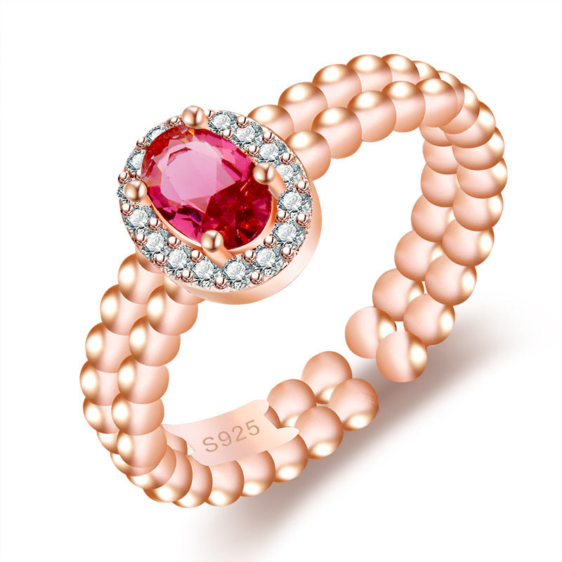 Adjustable Copper Ring With Inlaid Red Stone Geometric Design