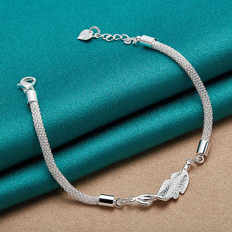 Womens Silver Bracelet Hollow Mesh With Hanging Leaf Design And Geometric Letter Accent Jewelry For Everyday Style