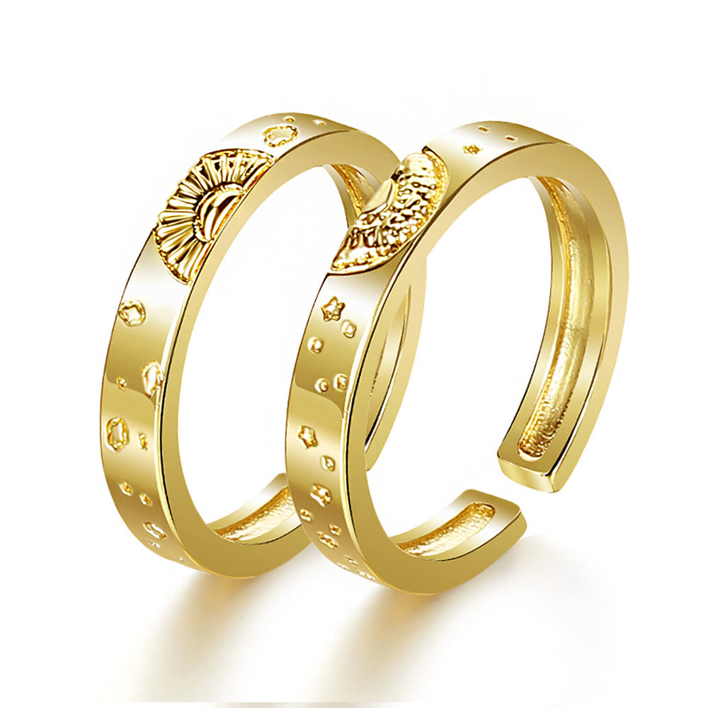 Personalized Star And Moon Corrosion Pattern Simple Brass Ring Five Pointed Star Open Mouth Copper Style Japan