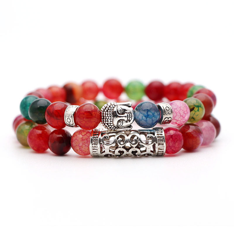 Natural Stone Bracelet 8MM Volcanic Stone and Tiger Eye Beads Elastic Cord Bracelet 19CM Alloy Accessories Set