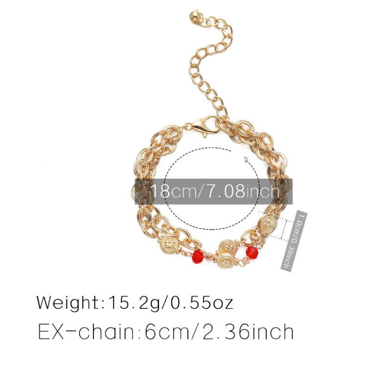 Womens Crystal Bead Bracelet Adjustable Polished Metal Jewelry With Lobster Clasp Geometric National Ethnic Design