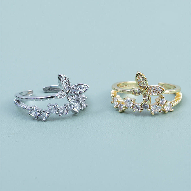 Womens Double Butterfly Wing Ring Electroplated Copper Minimalist Fashion Jewelry Elegant Ring Gifts for Women