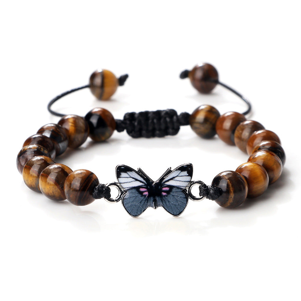 Woven Butterfly Bracelet Adjustable Handmade Tiger Eye Volcanic Rock Agate White Porcelain Bead Jewelry Gift For Women