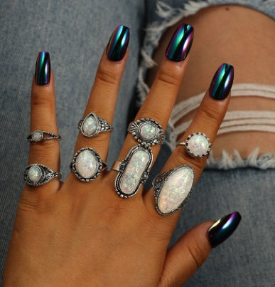 Geometric Rings Set Round And Oval Gemstones Vintage Alloy Inlaid Artificial And Semi Precious Stone 8 Piece