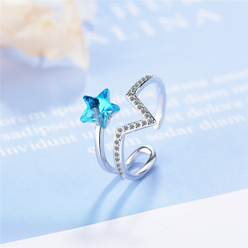 Blue Crystal Star Ring Copper Band All Match Korean Inspired Japanese Style Trendy Elegant Jewelry Accessory