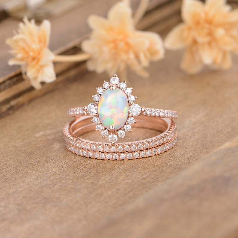 Rose Gold Three Piece Ring Set Opal Zircon Lace Inlaid Jewelry For Engagement Wedding Anniversary Gift Elegant Now
