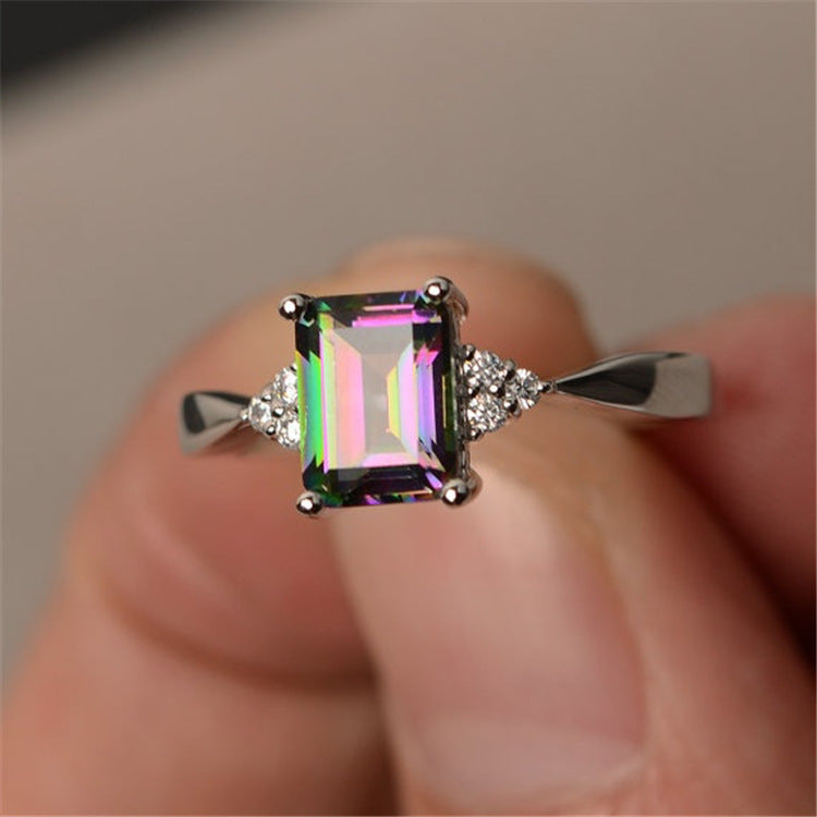 Rainbow Gemstone Ring Inlaid Square Copper Band Jewelry For Women Gift Birthday Fashion Accessory Statement Piece