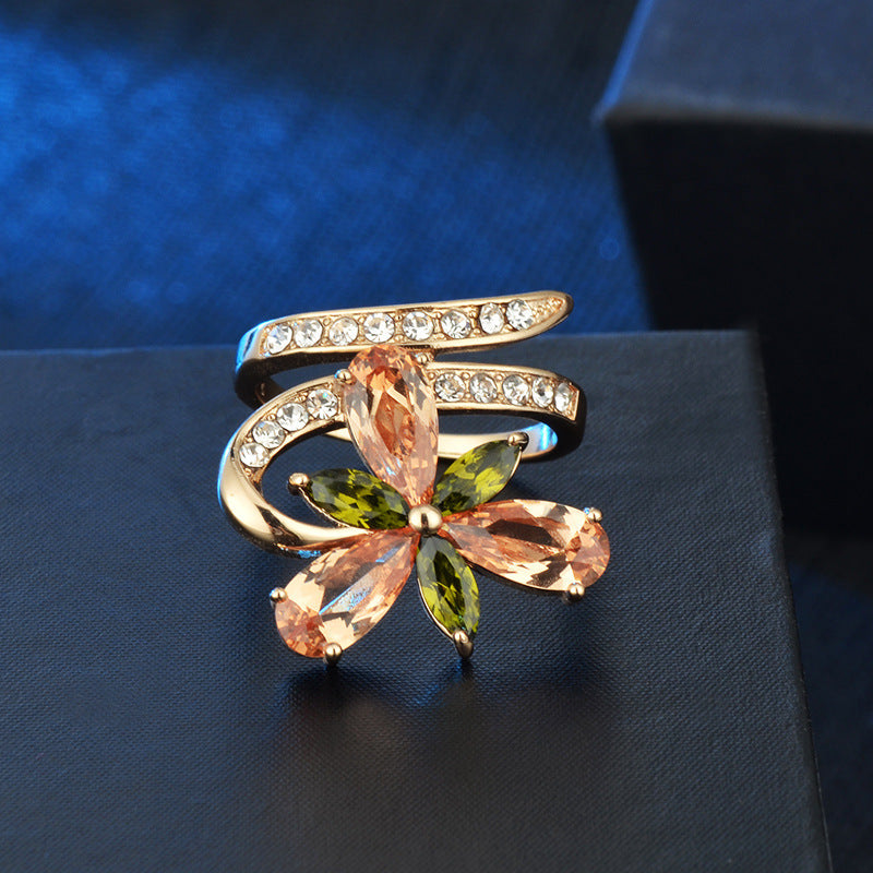 Women's Gold Ring with Water Drop Zircon Diamond Inlay Copper Flower Ring Hand Jewelry Fashion Ring Elegant Ring for Her Gift for Women