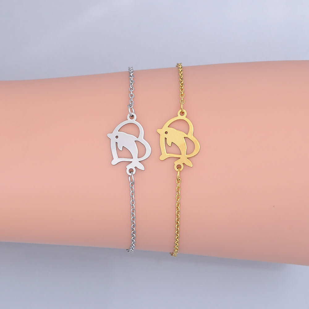 Womens Titanium Steel Bracelet Dolphin Pendant Zodiac Design Gold Finish Link Chain Jewelry For Women Everyday Wear