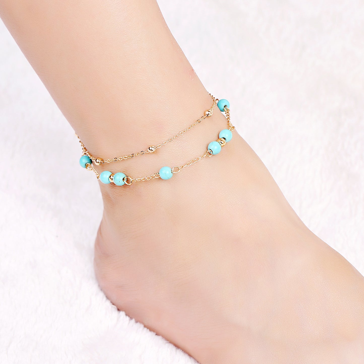 Womens Turquoise Copper Bead Chain Anklet Double Layer Gold