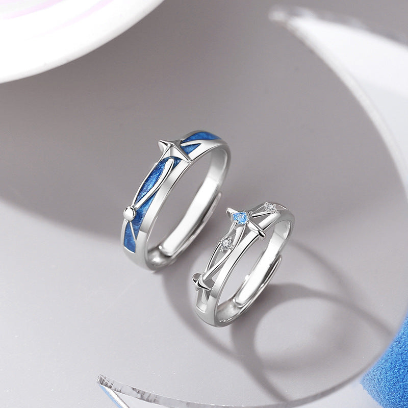 Adjustable Sterling Silver Couple Rings With Star Enamel Matching Design For Him And Her Adjustable Opening Now