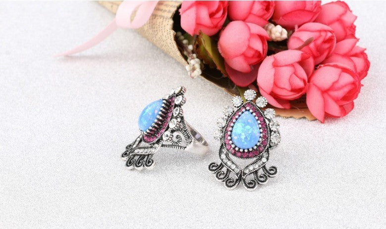 Blue Opaline White Crystal Flower Silver Ring Zircon Brass Sturdy Fashion Statement Jewelry Accessory Gift Her