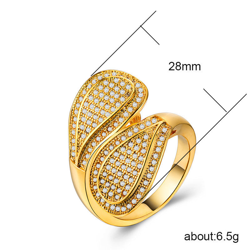 Gold Plated Leaf Ring with Zirconia Inlays and Artificial Gems for Women European American Style Elegant European Design
