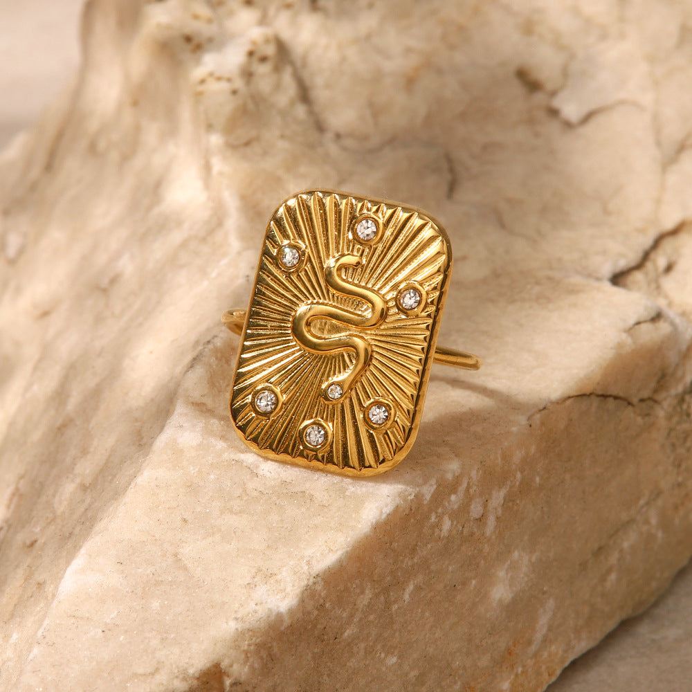 Womens Ring 18K Gold Plated Stainless Steel Snake Design With Square Inlaid Diamond Accent Fashion JewelryLuxe