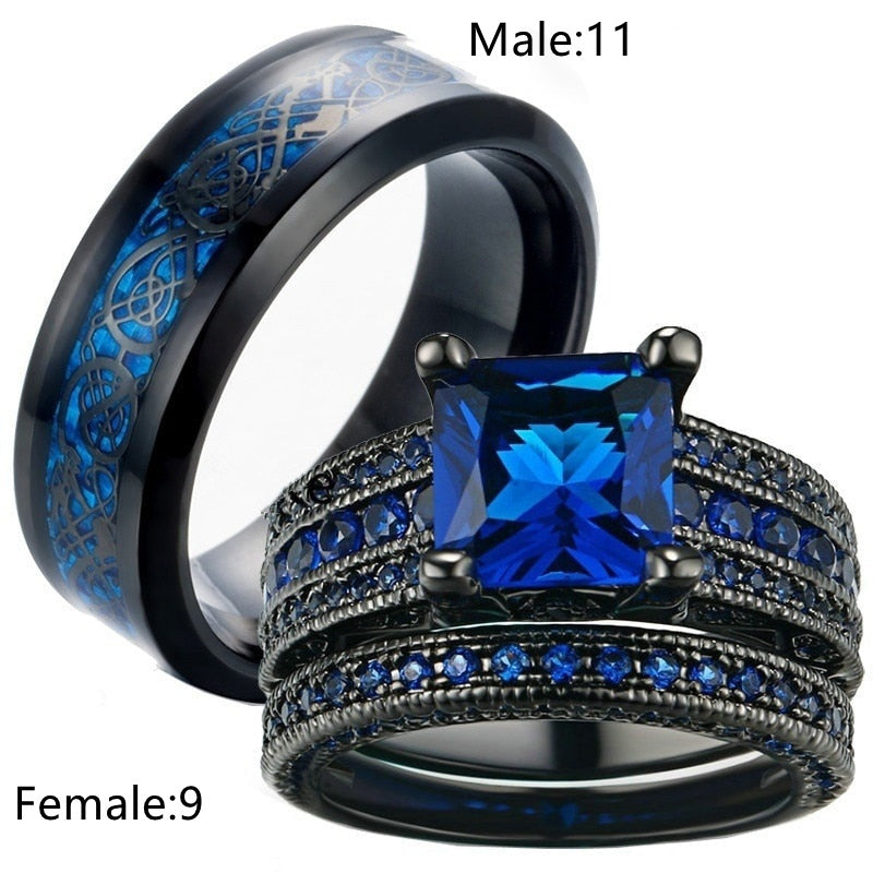 Couple Rings For Women And Men Geometric Alloy Rings With Blue Gem Inlay And Fashion Diamond Design For Couples
