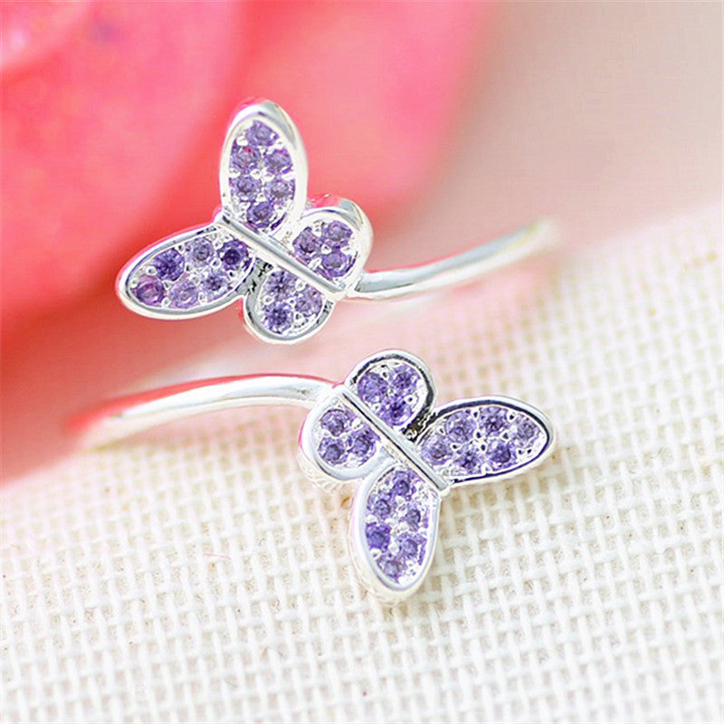 Womens Purple Butterfly Adjustable Diamond Open Ring Sterling Silver Inlaid Gemstones Fashion Jewelry Gift Her