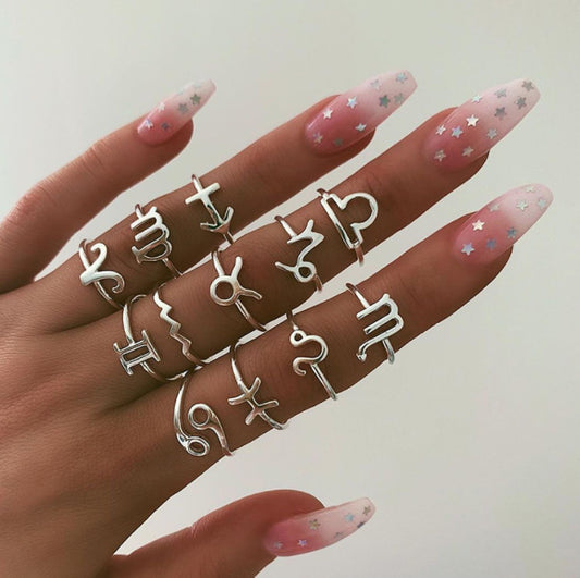 Zodiac Rings For Women Constellation Jewelry Electroplated Alloy European And American Style 12 Piece Set Collection