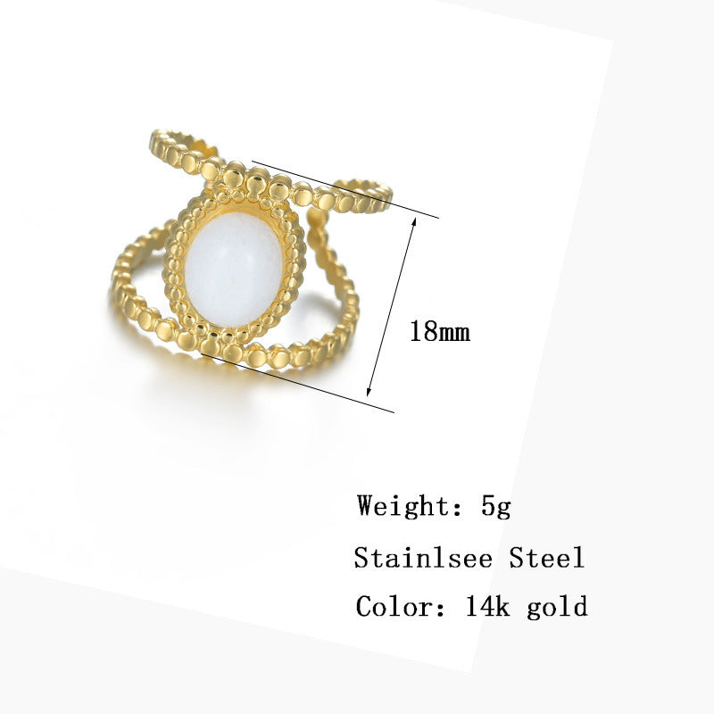 Womens White Jade Ring Geometric Design Stainless Steel Gold Tone Statement Jewelry Fashion Accessory Durable Elegant