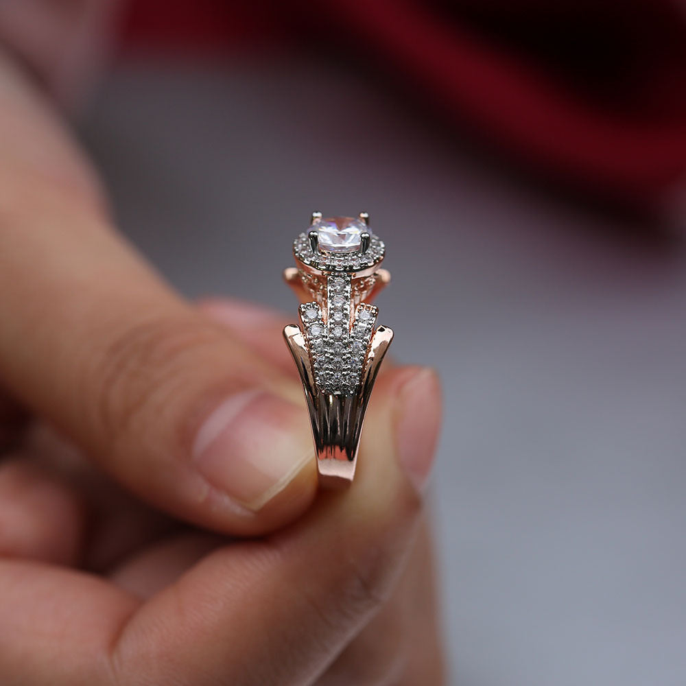 Women Two Tone Brass And White Steel Ring With Zircon Inlay Geometric Design Jewelry Everyday Statement Pieces