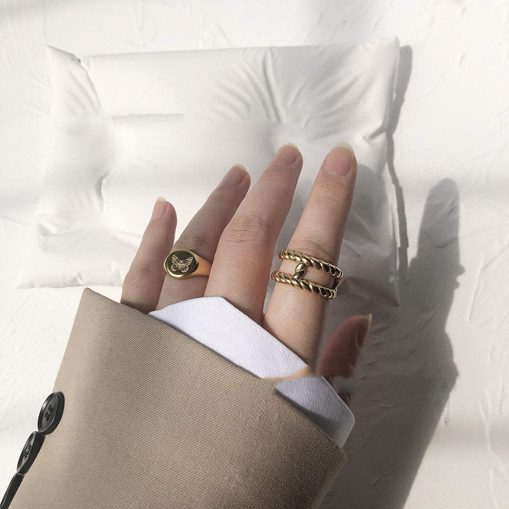 Womens Titanium Steel Gold Plated Ring Butterfly Peony Flower Geometric Design Jewelry Gift For Everyday Style