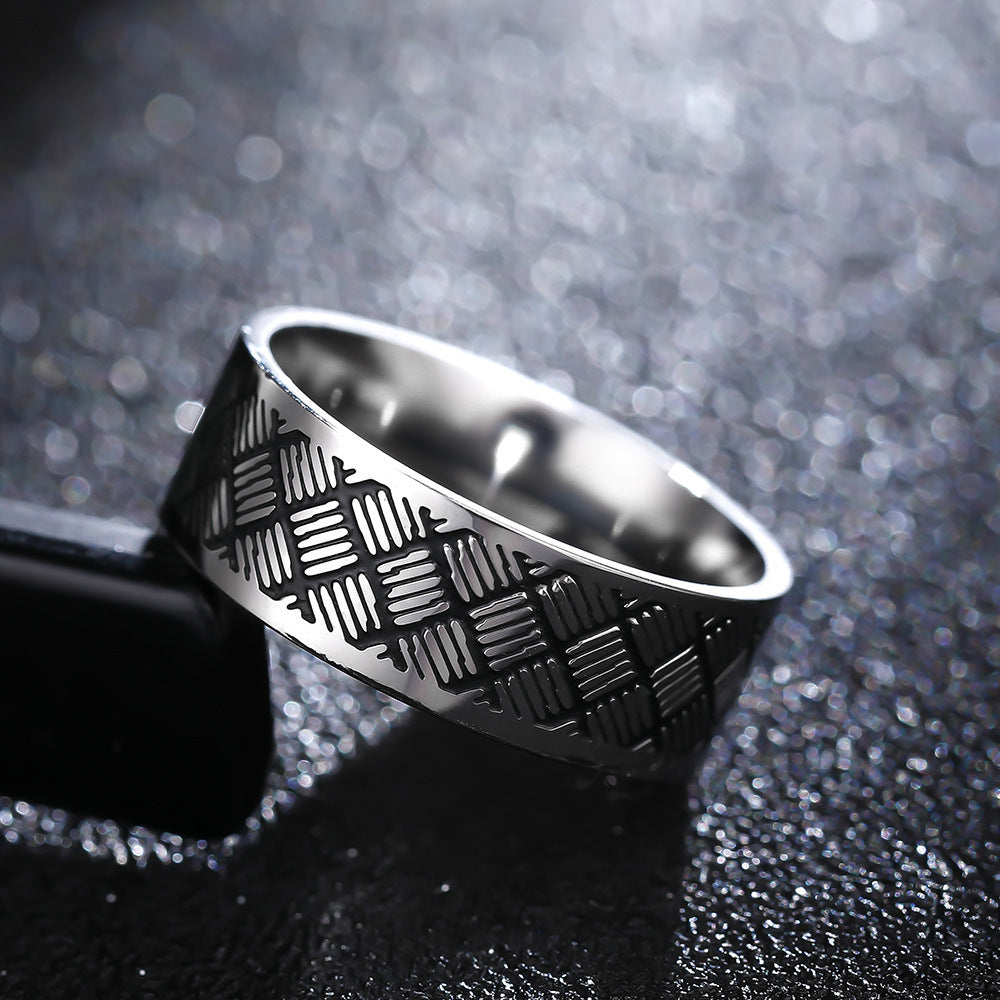 Vintage Geometric Engraved Ring 8mm Stainless Steel Band Titanium Look Men Women Fashion Jewelry Classic Style