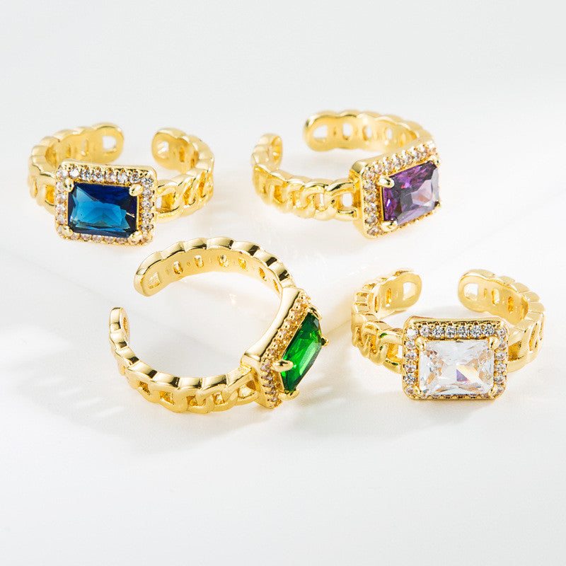 Copper Chain Shaped Ring With Micro Inlaid Zircon Geometric Design For Everyday Wear And Special Occasions Jewelry