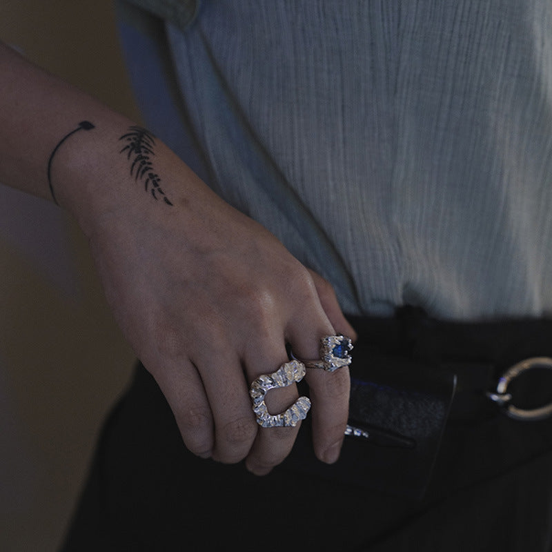 Azure Crystal Geometric Ring Adjustable Gold Plated Alloy Artificial Gemstone Jewelry Fashion Statement Sparkle