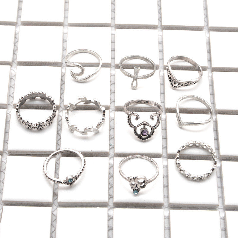 Womens Vintage Gemstone Ring Set Geometric Hollow Carved