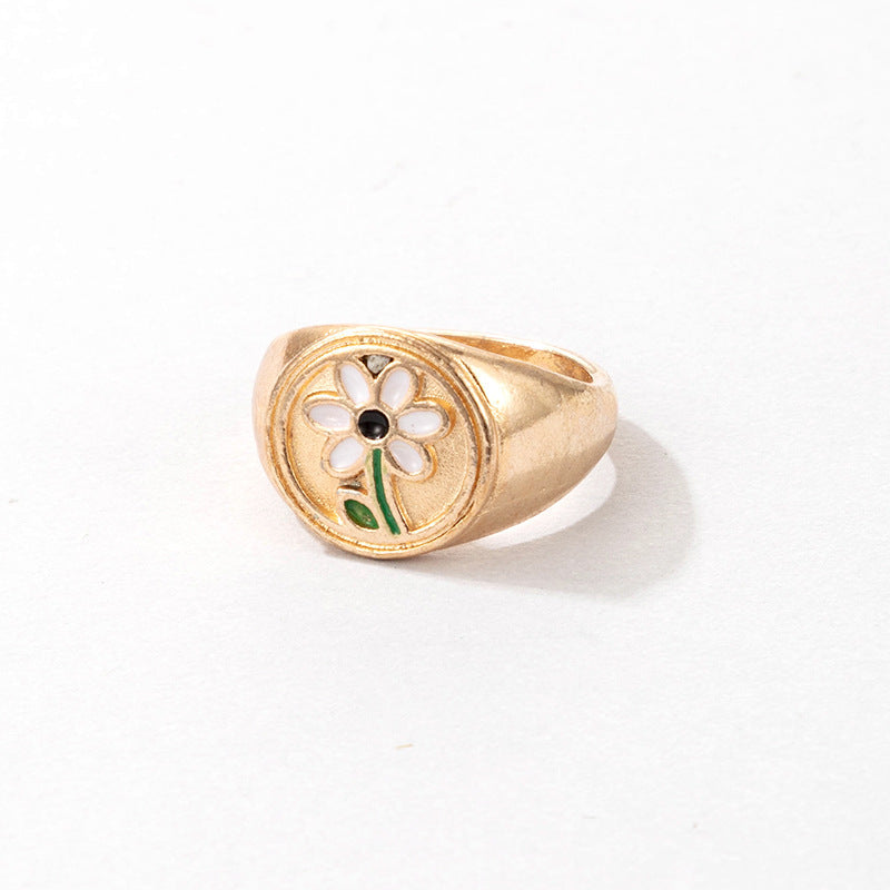 Bohemian Cartoon Ring Dripping Oil Alloy Heart Shaped Ring With Floral Daisy Or And Rainbow Elements For Women