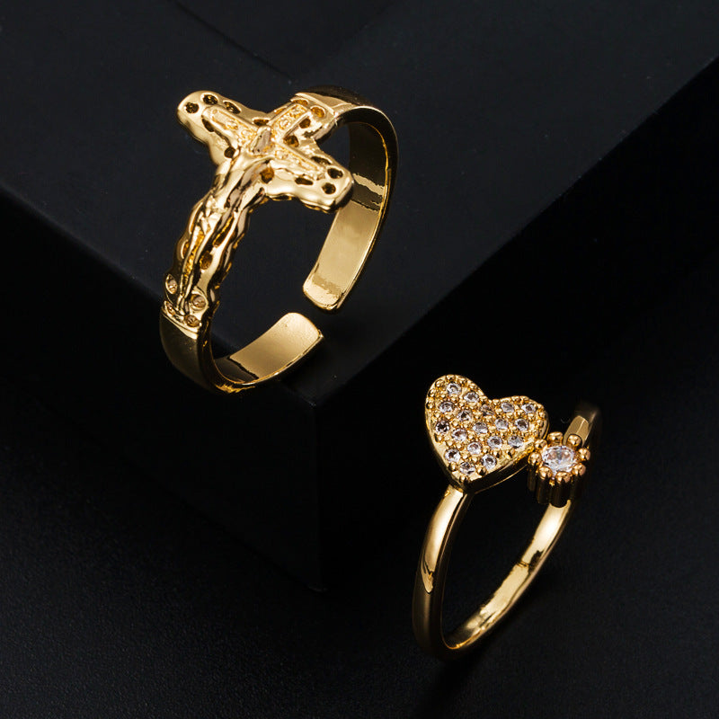 Womens Adjustable Copper Ring Gold Plated With Zircon Inlaid Geometric Design Elegant Wedding Jewelry For Women