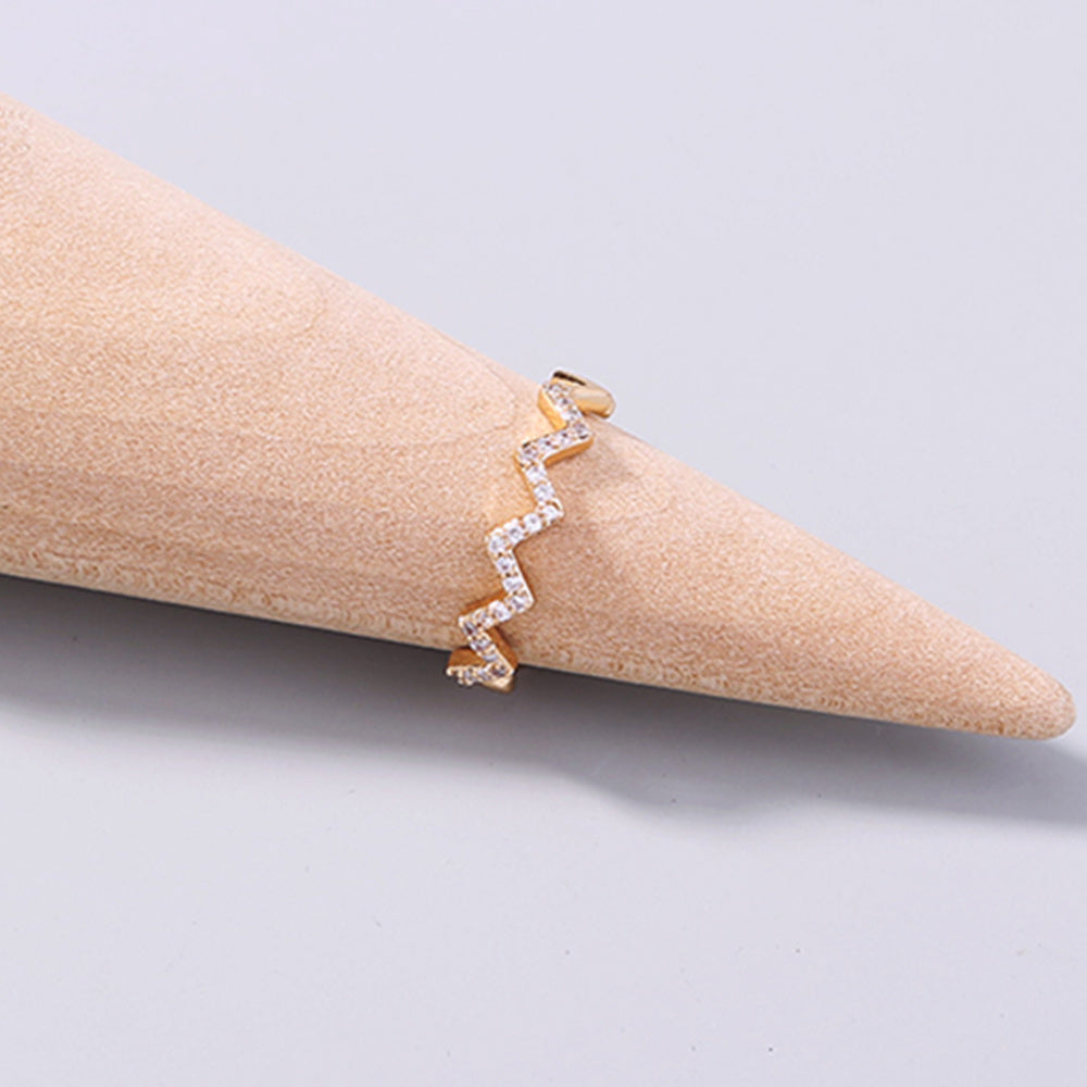 Adjustable Copper Zircon Ring With Wavy Design Sparkly Electroplated Finish For European Anniversary Gift Jewelry