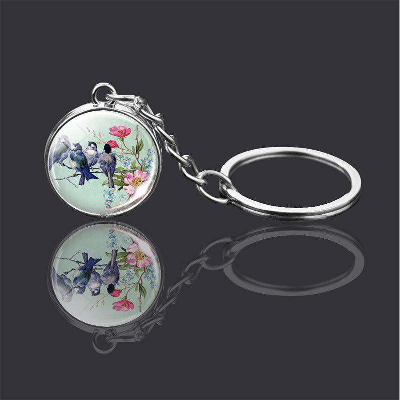 Animal Key Chain Double Sided Glass Ball Pendant Metal Key Ring Unisex Accessories Donkey Rabbit Giraffe Dolphin Fox