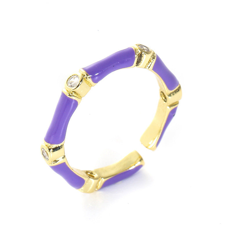 Womens Ring Zircon Set Drip Oil Copper Bamboo Design Adjustable Fashion Accessory Durable Statement Piece Size