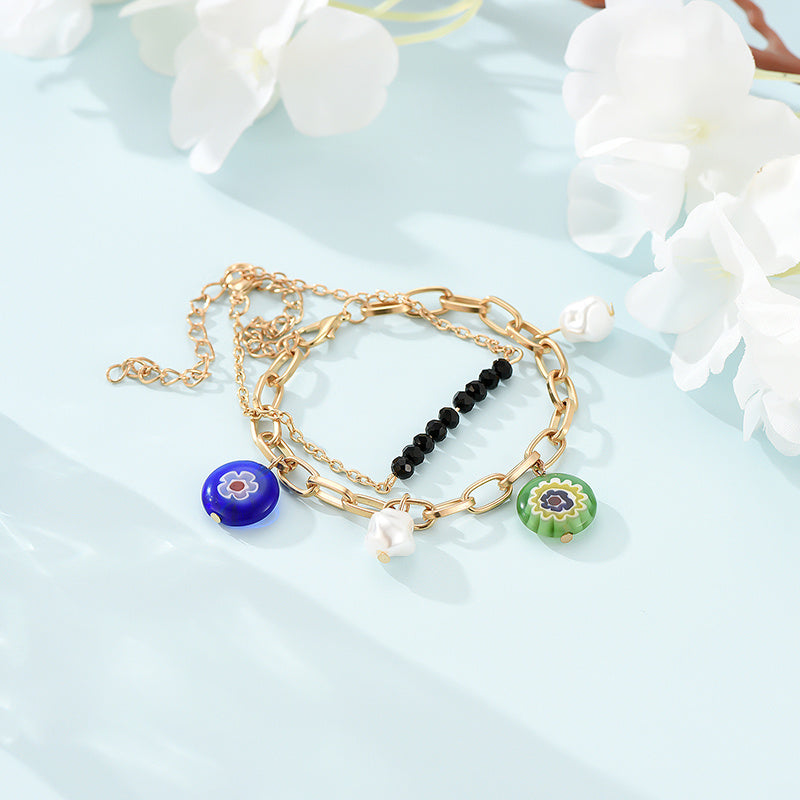 Womens Alloy Bracelet Pearl Flower Tassel Design Geometric Bangle Gold Plated Metal Trendy Bracelet Color Gold