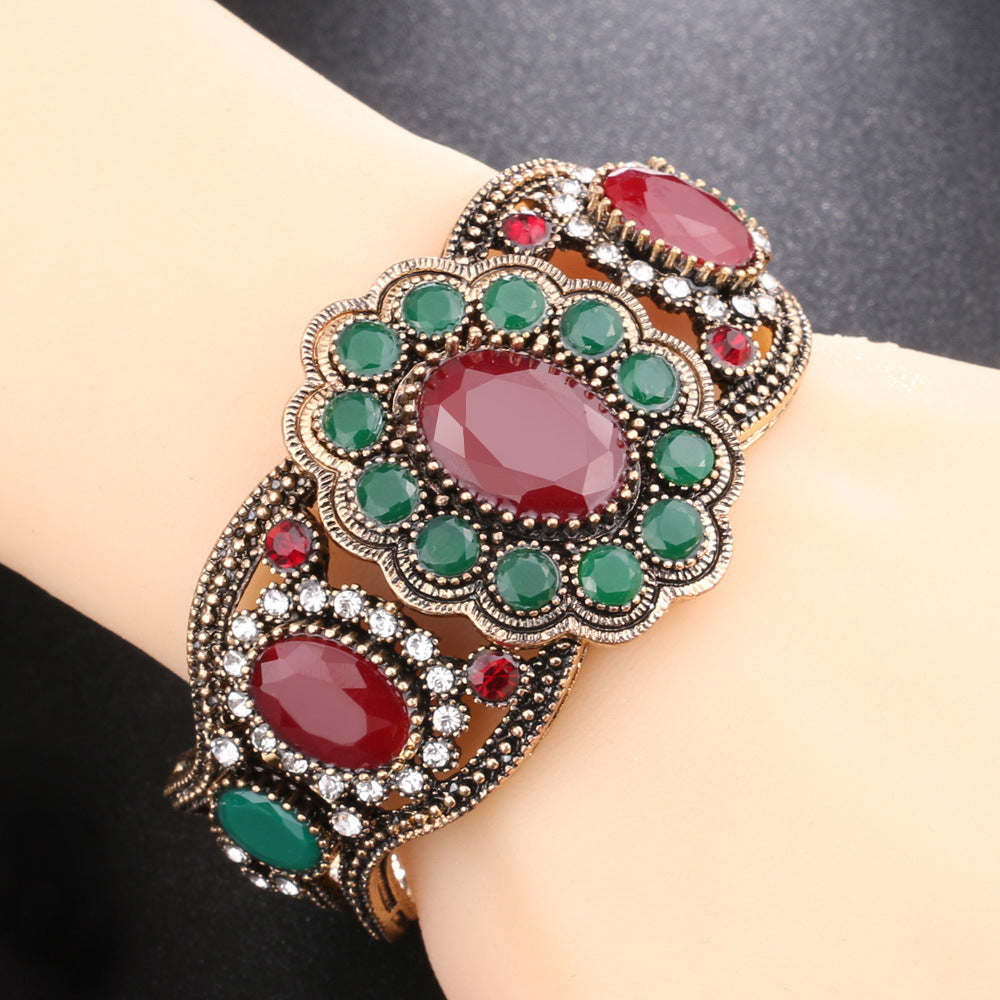 Geometric Electroplated Alloy Bracelet With Gem Inlays