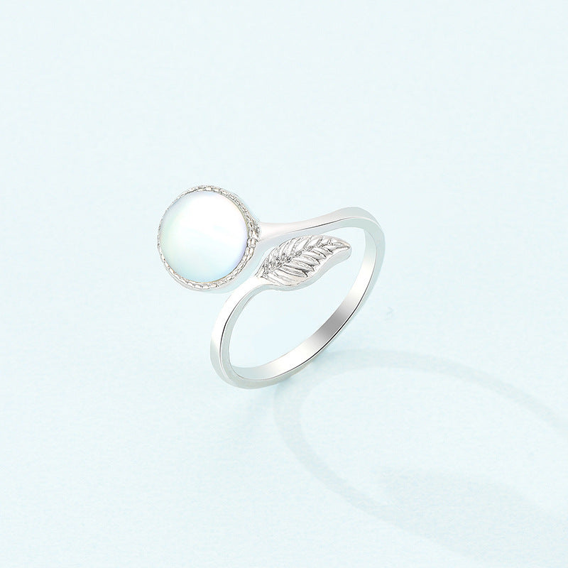 Adjustable Moonstone Ring With Feathered Design Korean Geometric Alloy Electroplated Ring Fashionable Statement