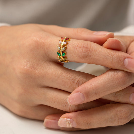 Zircon Leaf Open Ring Adjustable Stainless Steel Jewelry