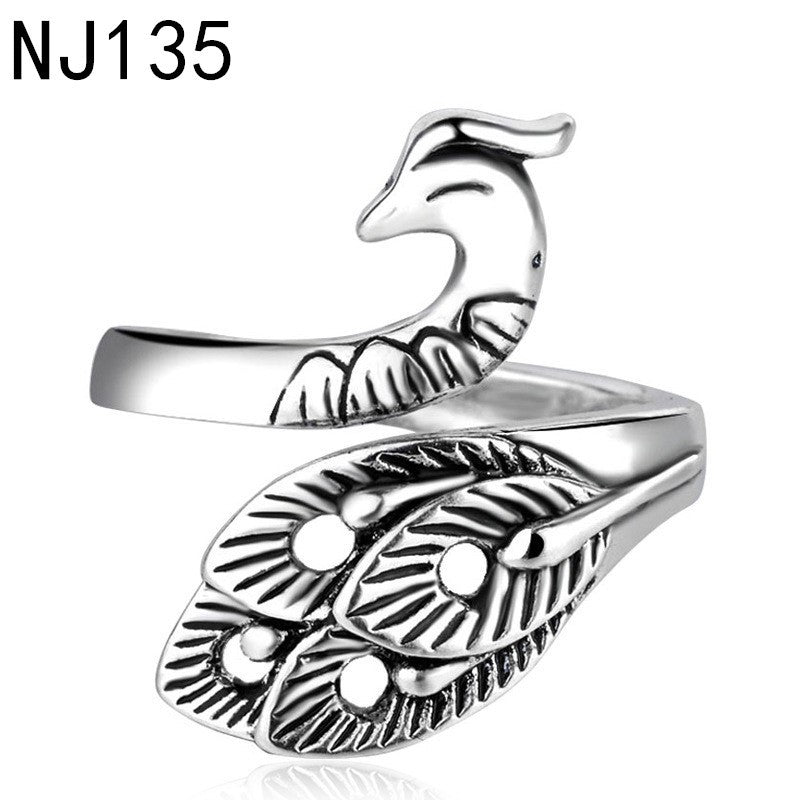 Adjustable Material Opening Silver Peacock Animal Zodiac Ring Fashion Jewelry Gift for Her Vintage Style Sizes