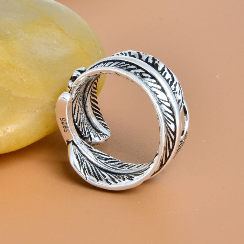 Adjustable Feather Ring Open Design Metal Electroplated Thai Silver Finish Feather Jewelry For Index Finger Ring