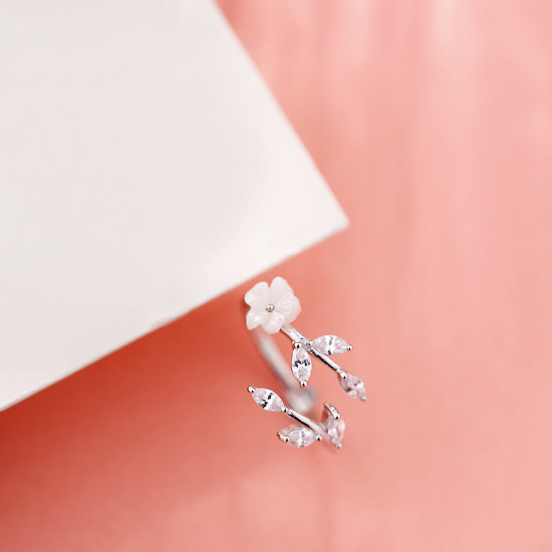 Flower Ring For Women Adjustable Opening Korean Fashion White Gold Electroplated Copper Zircon Accents Floral Jewelry